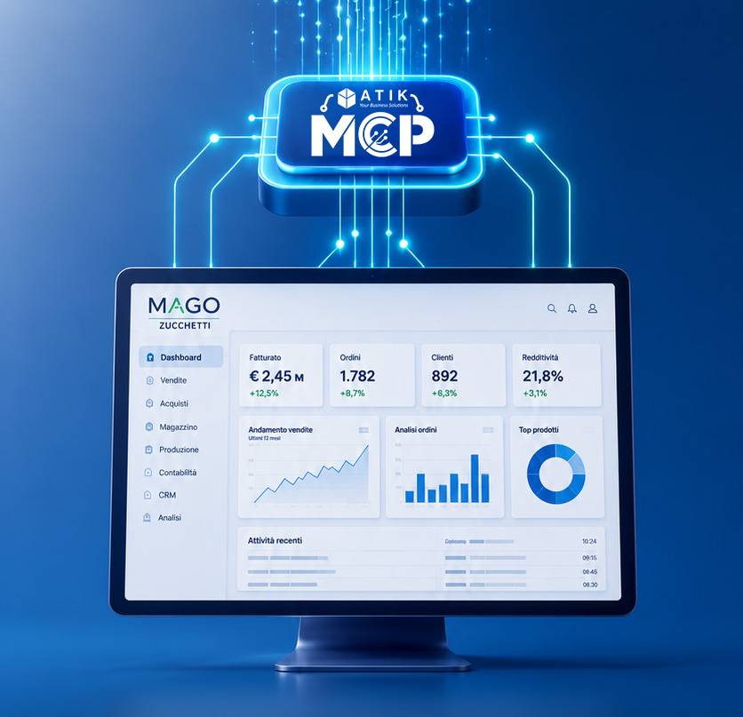 MCP Atik – layer di integrazione AI per Mago Zucchetti MCP Atik collega Mago Zucchetti, ERP, e-commerce, CRM e BI all'intelligenza artificiale